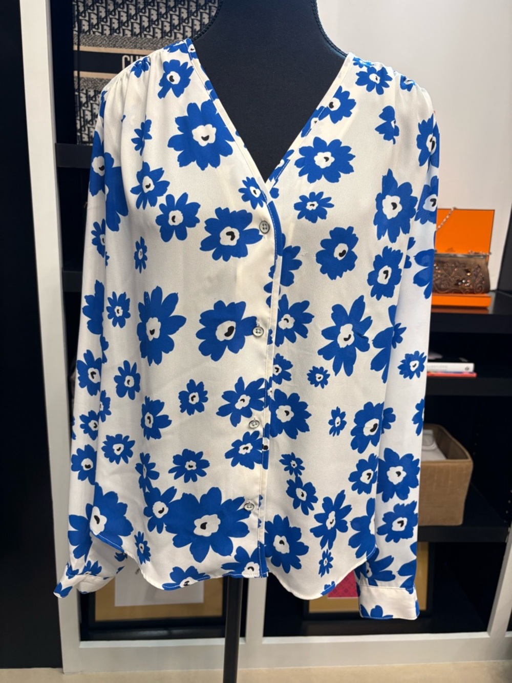 CAbi White Blouse with Bold Blue Floral Print